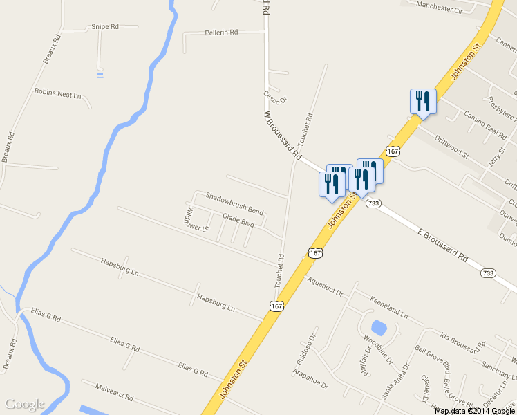 map of restaurants, bars, coffee shops, grocery stores, and more near 204 Shadowbrush Bend in Lafayette