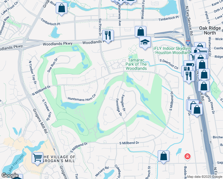 map of restaurants, bars, coffee shops, grocery stores, and more near 51 Redbud Ridge Place in Spring
