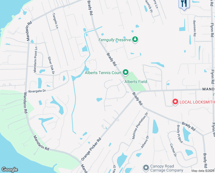 map of restaurants, bars, coffee shops, grocery stores, and more near 1717 River Plantation Lane in Jacksonville
