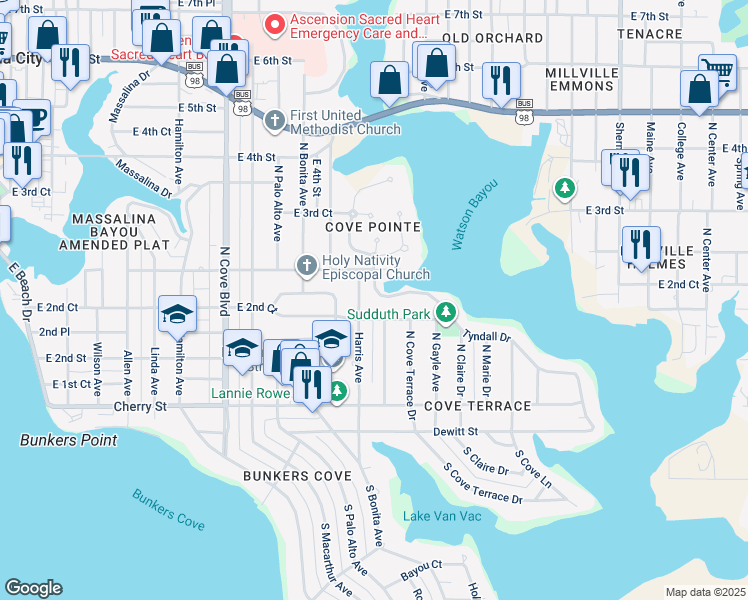 map of restaurants, bars, coffee shops, grocery stores, and more near 1200 Tyndall Drive in Panama City
