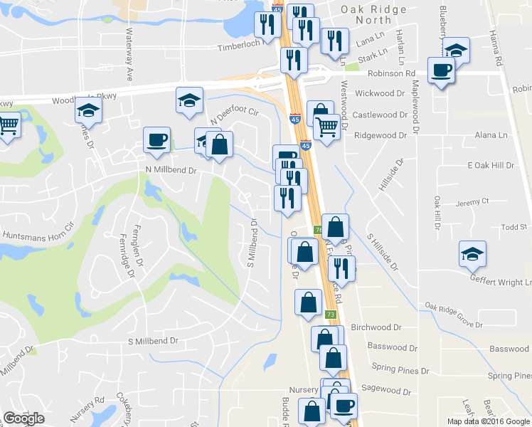 map of restaurants, bars, coffee shops, grocery stores, and more near 67 Woodhaven Wood Drive in Spring