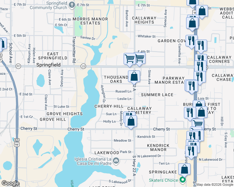 map of restaurants, bars, coffee shops, grocery stores, and more near 4110 Russell Lane in Panama City