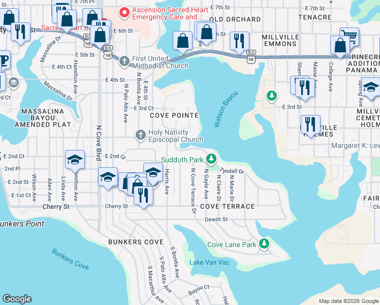 map of restaurants, bars, coffee shops, grocery stores, and more near 1208 Tyndall Drive in Panama City