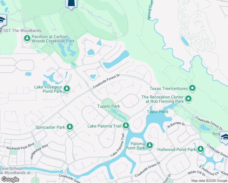 map of restaurants, bars, coffee shops, grocery stores, and more near 39 South Pinto Point Circle in The Woodlands