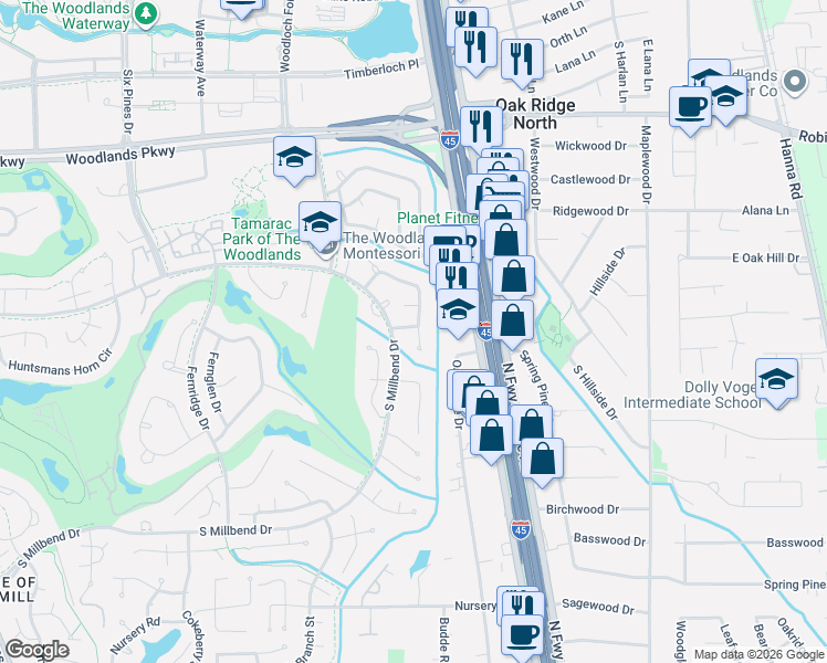 map of restaurants, bars, coffee shops, grocery stores, and more near 67 Woodhaven Wood Drive in Spring
