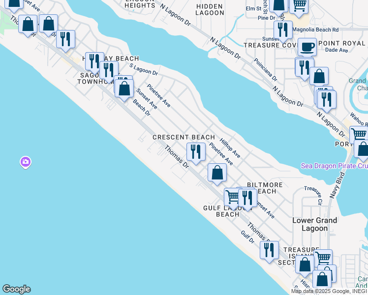 map of restaurants, bars, coffee shops, grocery stores, and more near 6024 Beach Drive in Panama City