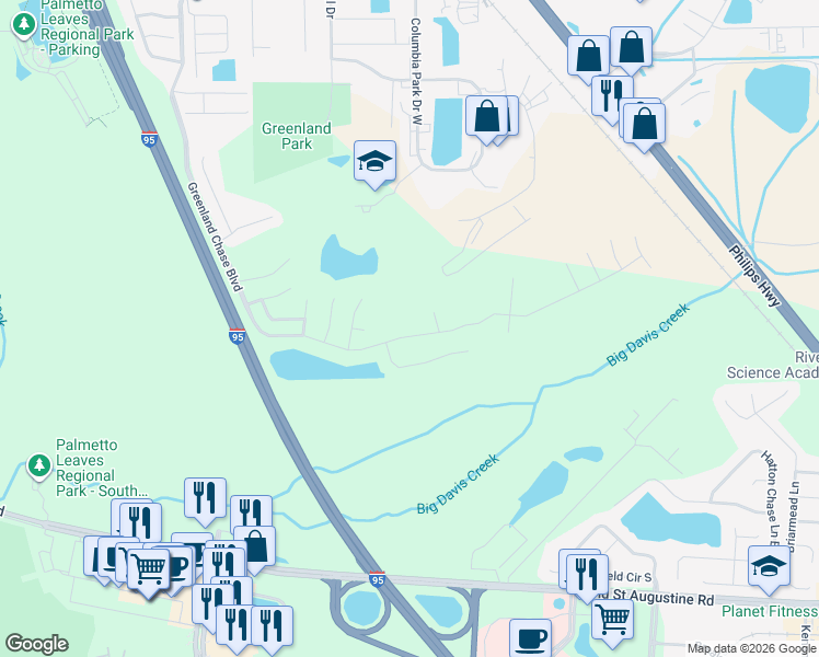 map of restaurants, bars, coffee shops, grocery stores, and more near 6457 Greenland Chase Boulevard in Jacksonville