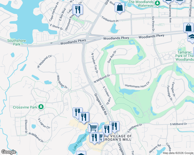 map of restaurants, bars, coffee shops, grocery stores, and more near 70 North Timber Top Drive in The Woodlands