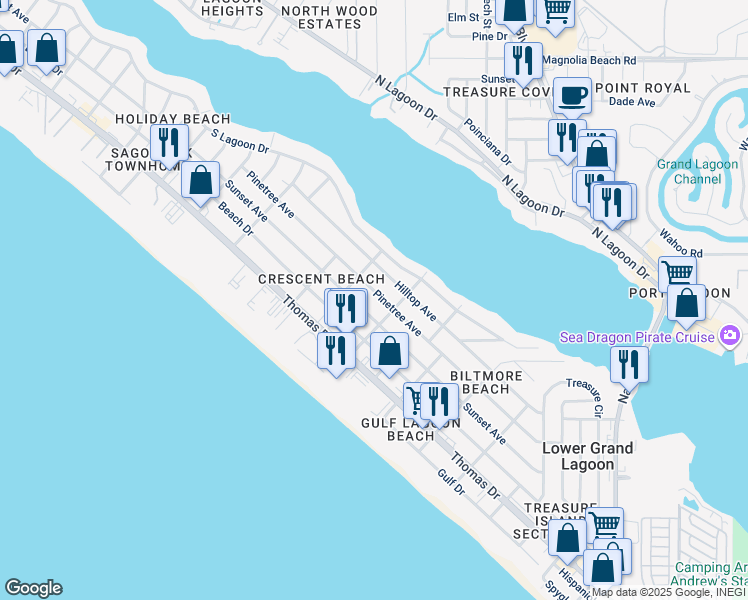 map of restaurants, bars, coffee shops, grocery stores, and more near 5915 Pinetree Avenue in Panama City