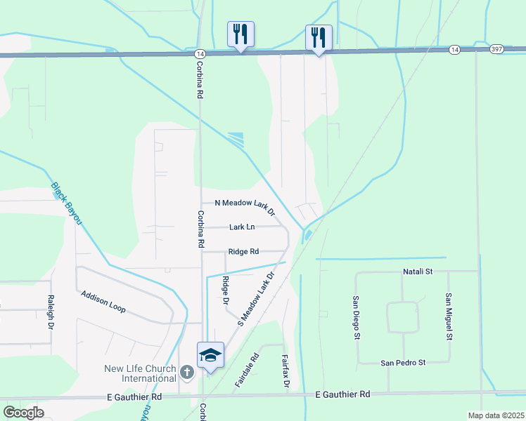 map of restaurants, bars, coffee shops, grocery stores, and more near 3130 N Meadow Lark Dr in Lake Charles