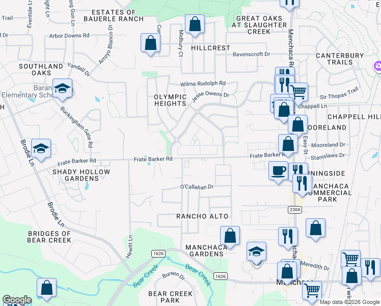map of restaurants, bars, coffee shops, grocery stores, and more near 11904 Johnny Weismuller Lane in Austin