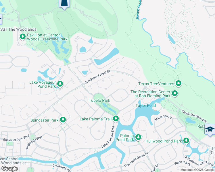 map of restaurants, bars, coffee shops, grocery stores, and more near 39 South Pinto Point Circle in The Woodlands