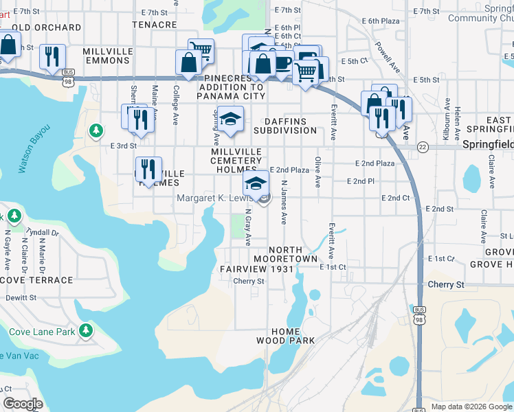 map of restaurants, bars, coffee shops, grocery stores, and more near 203 North East Avenue in Panama City