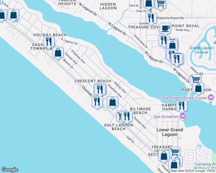 map of restaurants, bars, coffee shops, grocery stores, and more near 5912 Pinetree Avenue in Panama City Beach