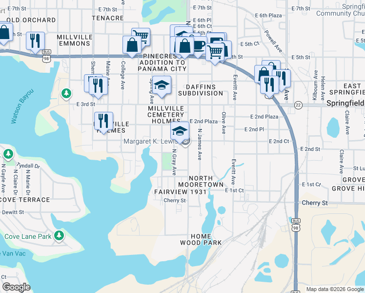 map of restaurants, bars, coffee shops, grocery stores, and more near 203 North East Avenue in Panama City