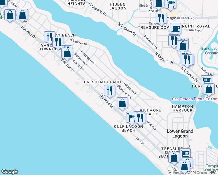 map of restaurants, bars, coffee shops, grocery stores, and more near 6009 Sunset Avenue in Panama City Beach