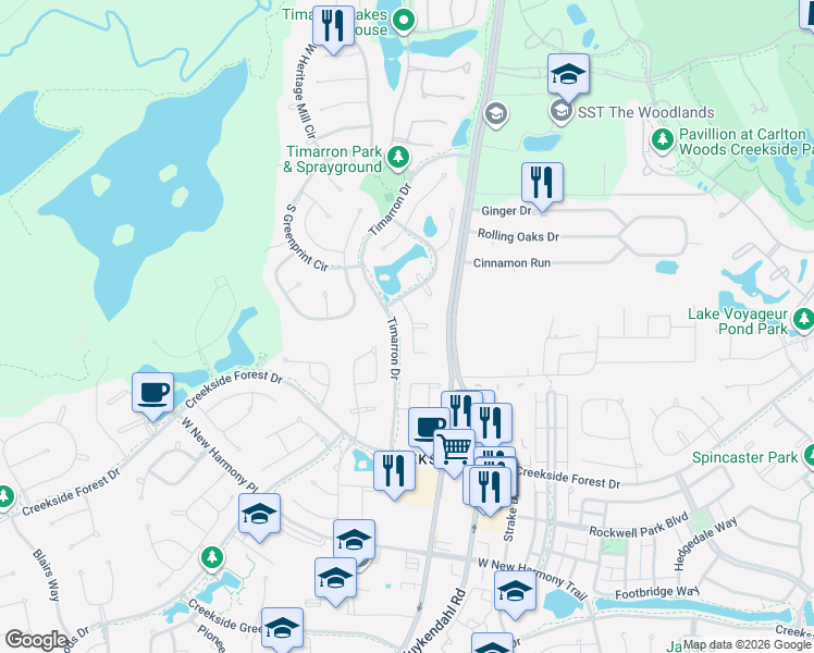 map of restaurants, bars, coffee shops, grocery stores, and more near 47 Handbridge Place in Tomball