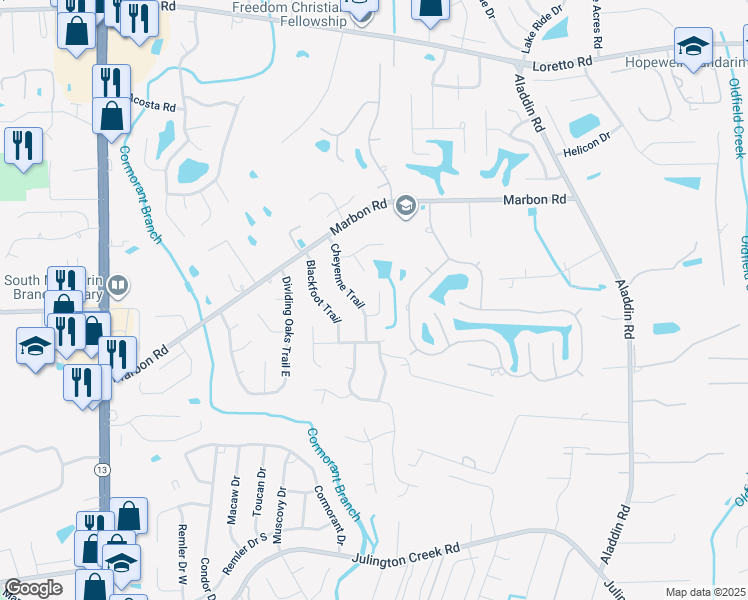 map of restaurants, bars, coffee shops, grocery stores, and more near 12144 Shoshone Trail in Jacksonville