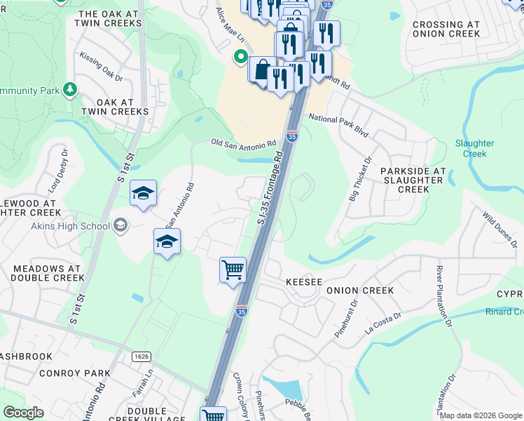 map of restaurants, bars, coffee shops, grocery stores, and more near 10702 South Interstate 35 Frontage Road in Austin