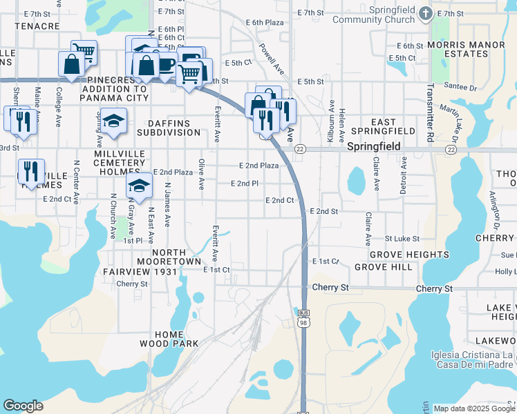 map of restaurants, bars, coffee shops, grocery stores, and more near 207 Central Avenue in Panama City