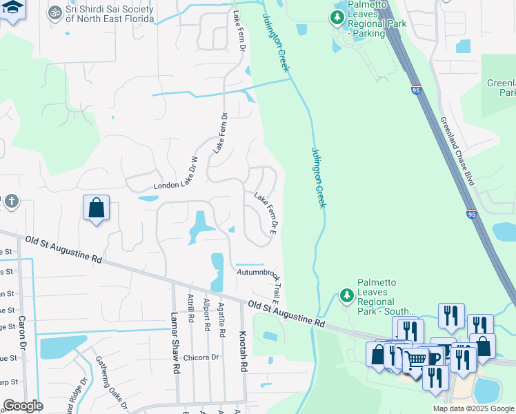 map of restaurants, bars, coffee shops, grocery stores, and more near 12205 Madison Creek Drive in Jacksonville