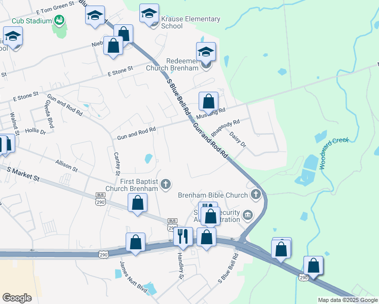 map of restaurants, bars, coffee shops, grocery stores, and more near 2408 Gun and Rod Road in Brenham