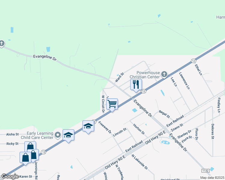 map of restaurants, bars, coffee shops, grocery stores, and more near 1230 West Circuit Drive in Vidor