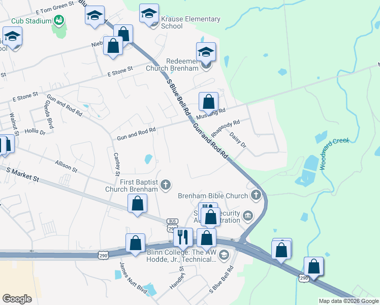 map of restaurants, bars, coffee shops, grocery stores, and more near 2408 Gun and Rod Road in Brenham