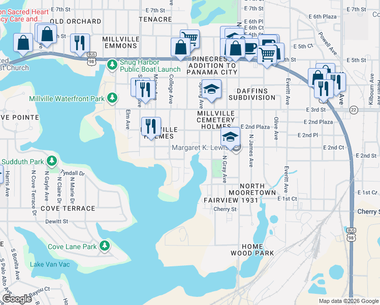 map of restaurants, bars, coffee shops, grocery stores, and more near 2402 East 2nd Court in Panama City