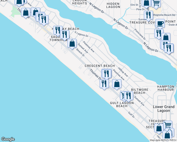 map of restaurants, bars, coffee shops, grocery stores, and more near in Lower Grand Lagoon