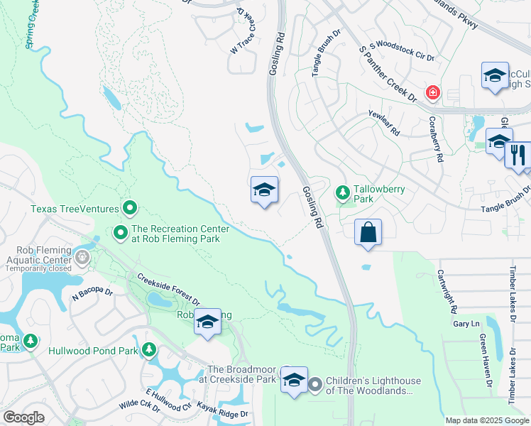 map of restaurants, bars, coffee shops, grocery stores, and more near in The Woodlands