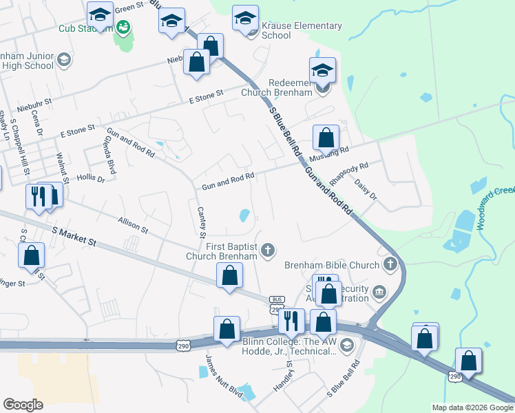 map of restaurants, bars, coffee shops, grocery stores, and more near 2409 Oak Hollow Lane in Brenham