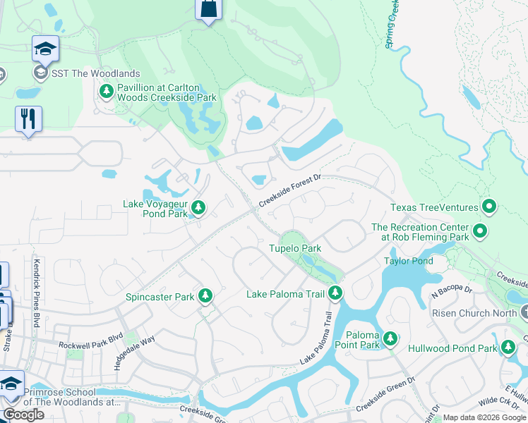 map of restaurants, bars, coffee shops, grocery stores, and more near 154 Pinto Point Place in Spring