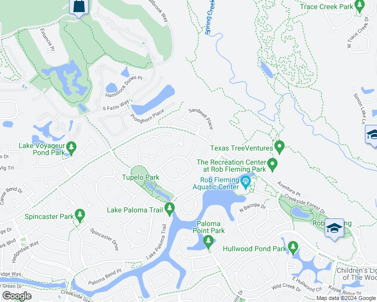 map of restaurants, bars, coffee shops, grocery stores, and more near 11 Ricegrass Place in The Woodlands