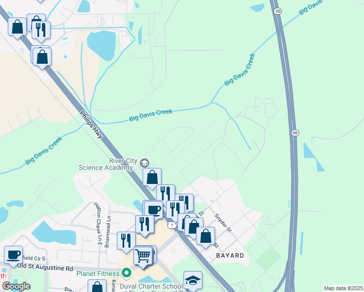 map of restaurants, bars, coffee shops, grocery stores, and more near 7801 Sunnydale Lane in Jacksonville
