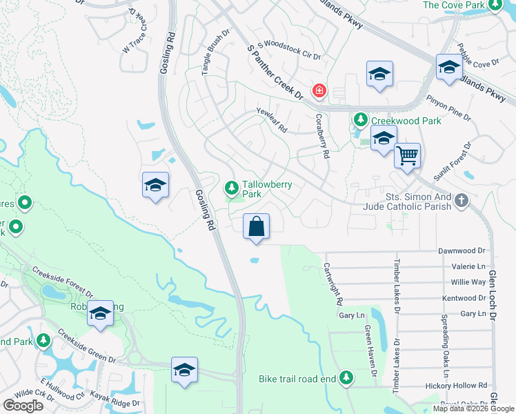 map of restaurants, bars, coffee shops, grocery stores, and more near 25 North Wavy Oak Circle in The Woodlands