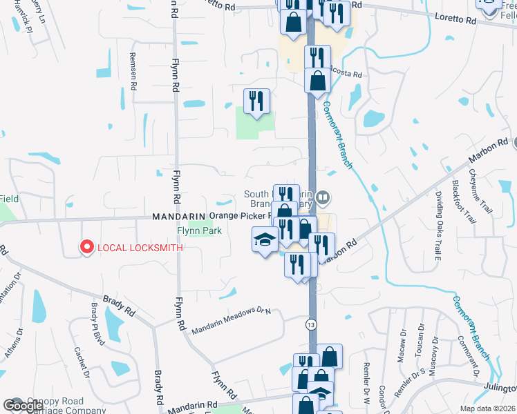 map of restaurants, bars, coffee shops, grocery stores, and more near 2875 Orange Picker Road in Jacksonville