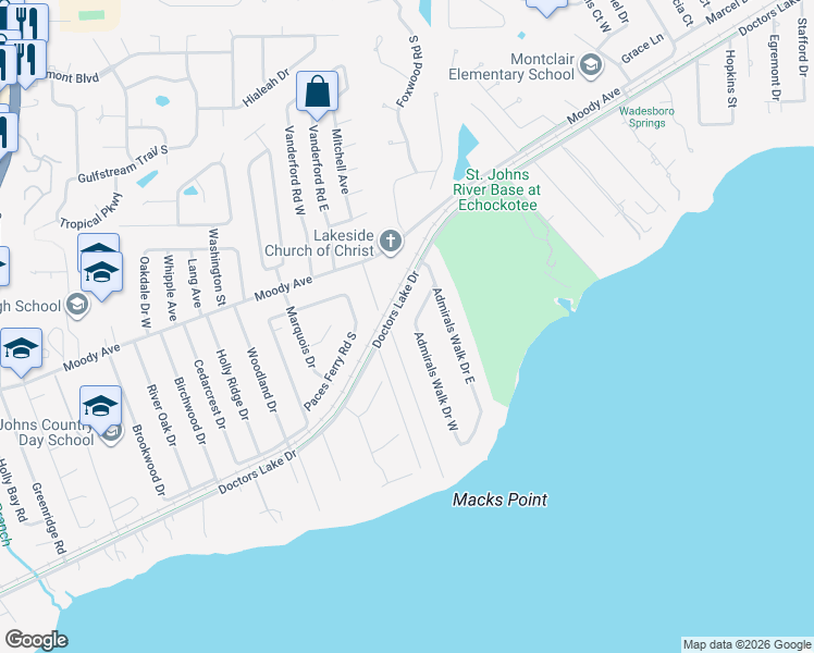 map of restaurants, bars, coffee shops, grocery stores, and more near 2756 Admirals Walk Drive West in Orange Park