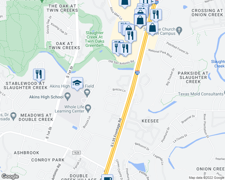 map of restaurants, bars, coffee shops, grocery stores, and more near 15000 Brezza Lane in Austin