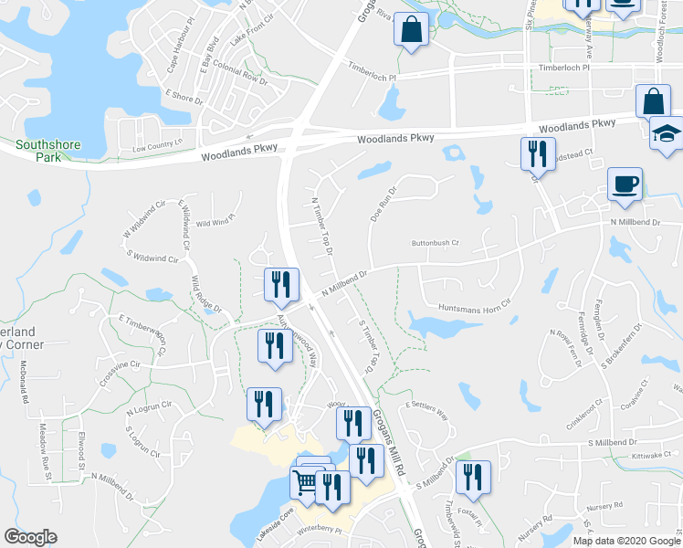 map of restaurants, bars, coffee shops, grocery stores, and more near 70 North Timber Top Drive in The Woodlands