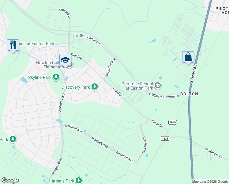 map of restaurants, bars, coffee shops, grocery stores, and more near 7700 Ellas Inlet Drive in Austin