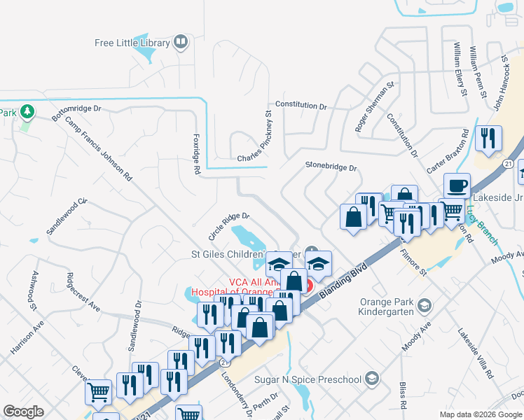 map of restaurants, bars, coffee shops, grocery stores, and more near 189 Foxridge Road in Orange Park