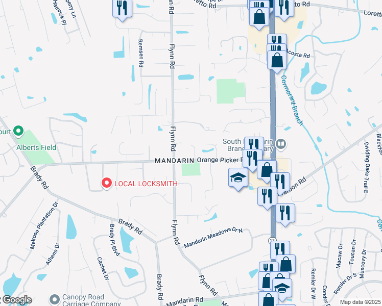 map of restaurants, bars, coffee shops, grocery stores, and more near 12142 Corner Oaks Drive in Jacksonville