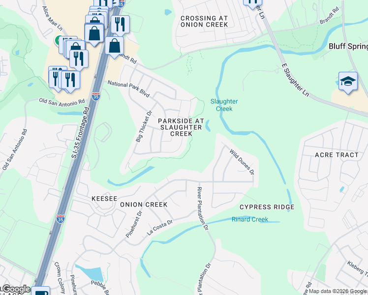 map of restaurants, bars, coffee shops, grocery stores, and more near 10225 Channel Island Drive in Austin