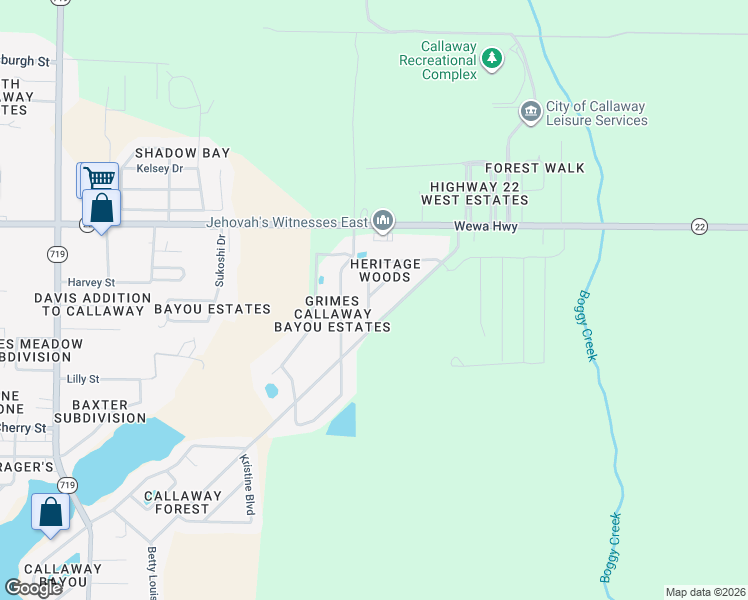 map of restaurants, bars, coffee shops, grocery stores, and more near 8100 Heritage Woods Drive in Callaway