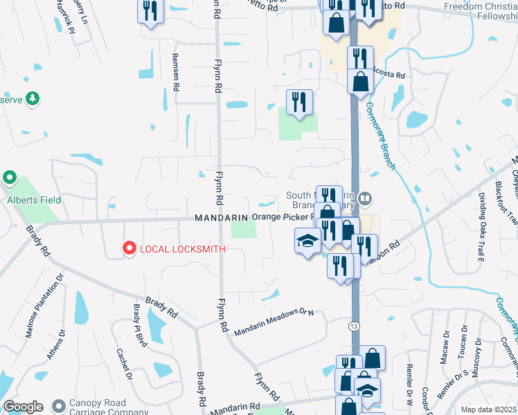 map of restaurants, bars, coffee shops, grocery stores, and more near 12135 Corner Oaks Drive in Jacksonville