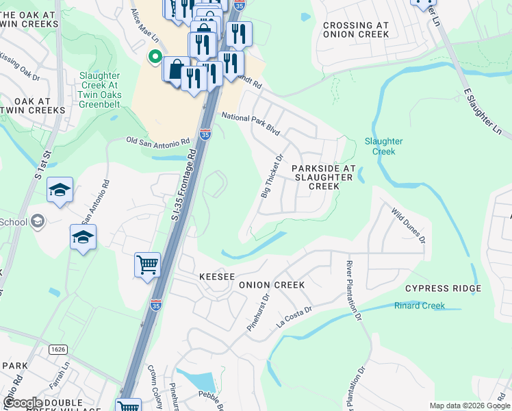 map of restaurants, bars, coffee shops, grocery stores, and more near 10420 Big Thicket Drive in Austin