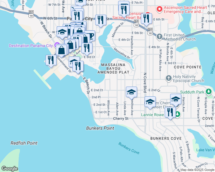 map of restaurants, bars, coffee shops, grocery stores, and more near 233 Wilson Avenue in Panama City
