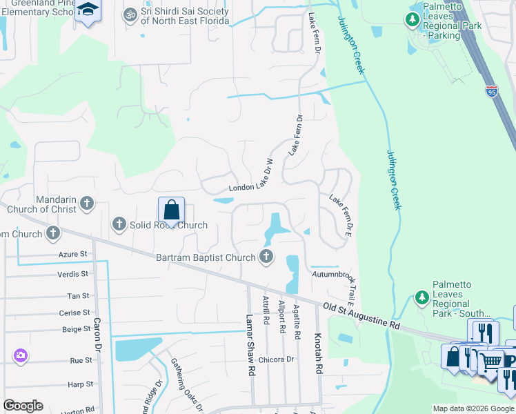 map of restaurants, bars, coffee shops, grocery stores, and more near 12264 Windstream Lane in Jacksonville