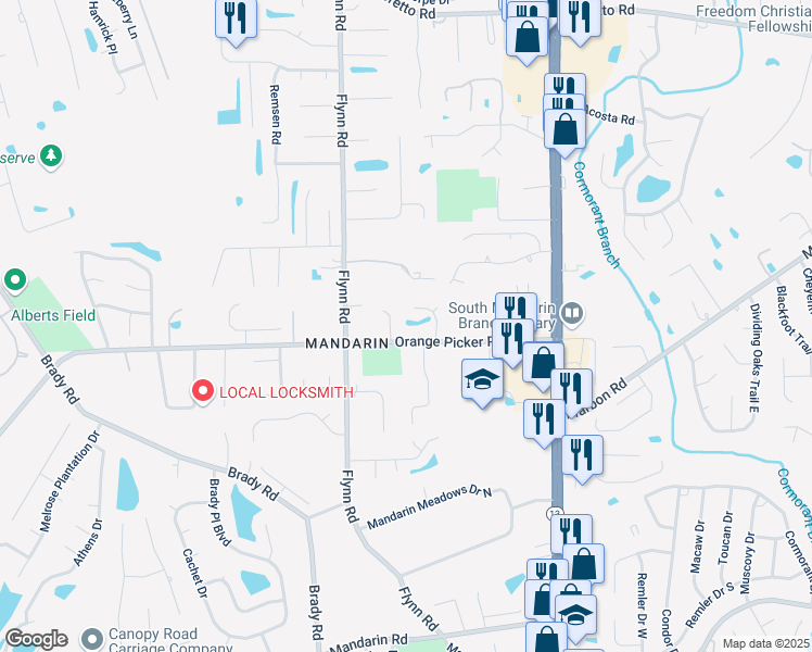 map of restaurants, bars, coffee shops, grocery stores, and more near 12135 Corner Oaks Drive in Jacksonville